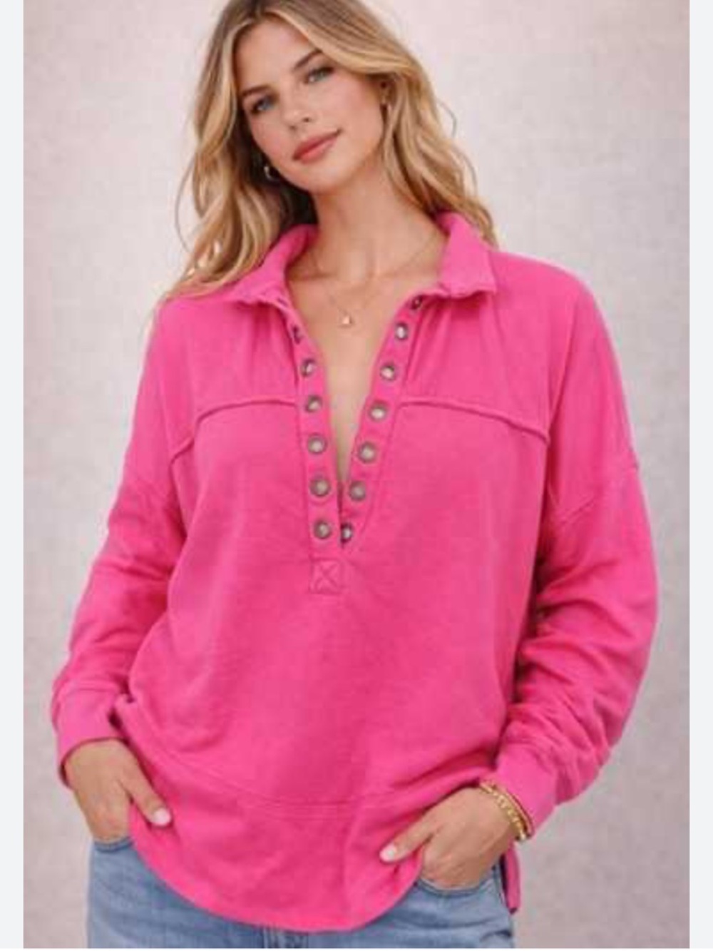 Anthro Pilcro Cotton Pink Oversized Grommet Henley Sweatshirt Pullover SZ Small
